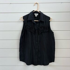 Vintage Sleeveless Button-Down Shirt with Fringe